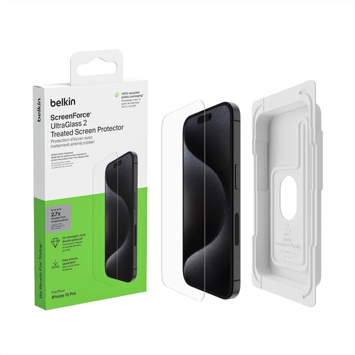 Protector de ecran Belkin ScreenForce UltraGlass 2 antimicrobian pentru iPhone 15 Pro, rezistent la zgarieturi, evaluare 9H, sticla subtire, suport de aliniere usoara inclus pentru o instalare fara bule Clear OVA133zz