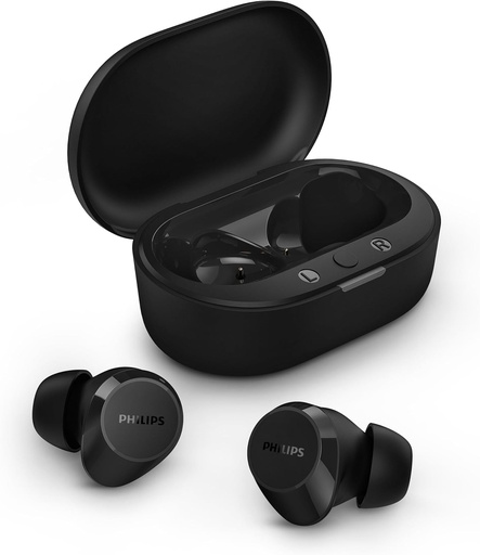 Casti intraauriculare fara fir Philips TAT1209BK - varfuri mici, valoare buna, sunet natural cu bas dinamic, apeluri clare si carcasa de incarcare de buzunar - negru