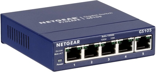 Switch NETGEAR GS105GE LAN Switch de rețea cu 5 porturi (commutător Gigabit Plug-and-Play LAN Splitter, distribuitor LAN, hub Ethernet, carcasă metalică fără ventilator, garanție pe viață ProSAFE), albastru
