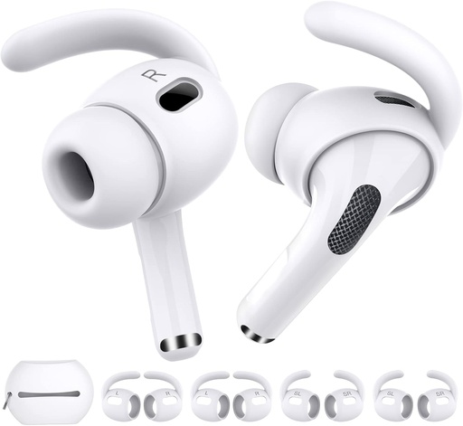 AhaStyle 4 perechi de carlige pentru urechi AirPods Pro 2 cu sac de depozitare suplimentar, huse pentru urechi anti-alunecare, accesorii din silicon, compatibile cu Apple AirPods Pro a doua generatie (2 mari + 2 mici, alb)