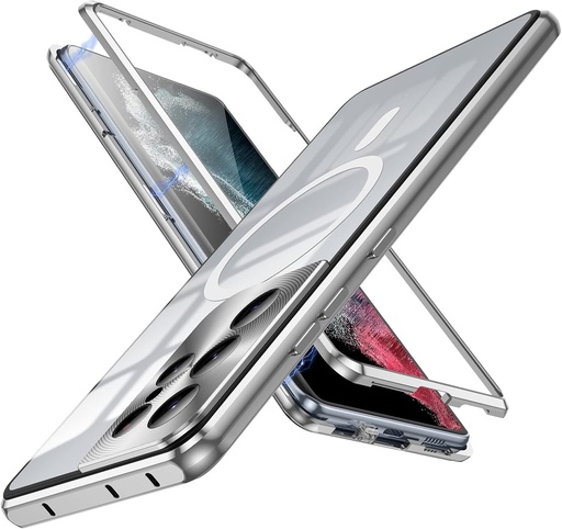 Husa magnetica MeiyueEr pentru Samsung Galaxy S21 Ultra, compatibila cu husa magnetica MagSafe, bara de protectie metalica cu adsorbtie magnetica + 1 sticla securizata pentru S21 Ultra - argintiu magnetic