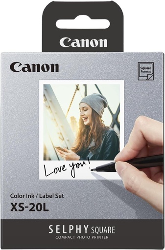 Set de hartie/panglica patrata originala Canon XS-20L 6,8 x 6,8 cm pentru imprimanta foto Canon SELPHY Square QX10 (20 de coli, autoadeziv, suport adeziv, dimensiune hartie 72 x 85 mm, sublimare cu vopsea)