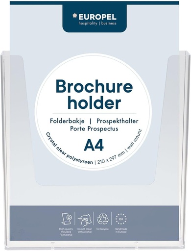 Suport pentru brosuri EUROPEL A4, acrilic transparent, montat pe perete, afisaj, distribuitor, pliant, brosura, meniu, birou, restaurant, hotel, cafenea