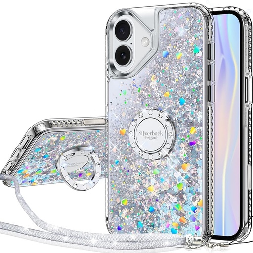Husa Silverback pentru iPhone 16 Pro cu curea, cu sclipici pentru fete Husa cu lant pentru telefon mobil Husa inel de 360 ​​de grade Husa de protectie transparenta lichida pentru husa iPhone 16 Pro Max- Splitter