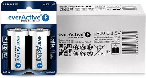 Baterii everActive D, pachet de 12, Pro Alkaline, Mono LR20 R20 1,5 V, cea mai inalta performanta, 12 bucati - 6 carduri blister