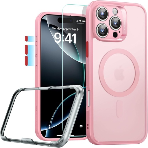 Husa ESR pentru iPhone 16 Pro Max cu sticla securizata, husa mata translucida cu protector de ecran, compatibila cu MagSafe, protectie de grad militar, seria Classic, trandafir mata