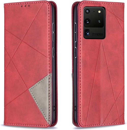 Husa Bear Village pentru Samsung Galaxy S20 Ultra, husa de telefon din piele PU cu slot pentru card, husa de protectie pliabila magnetica rezistenta la socuri pentru Galaxy S20 Ultra, rosu