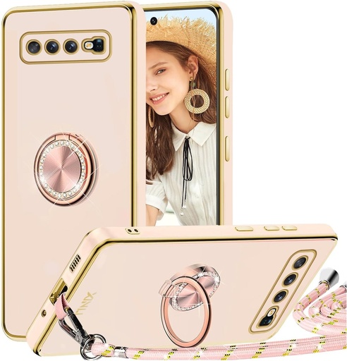 Husa TVVTPU pentru Samsung Galaxy S10 Plus cu snur si suport pentru inel de 360 ​​de grade, husa de protectie din silicon moale TPU, rezistenta la socuri, cu colier detasabil, roz
