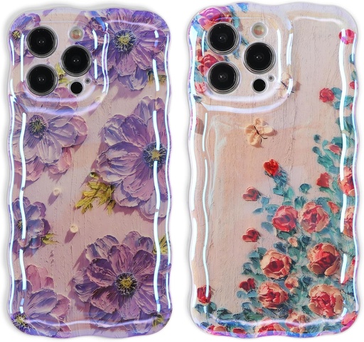 ZhuoFan 2 pachete husă pentru iPhone 13 Pro 6.1 inchi, husă de protecție colorată, vintage, estetică, flori de trandafir, model floral, pictură, desen, silicon, TPU, rezistentă la șocuri, fete și femei drăguțe pentru husă, 03