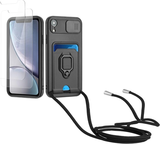 Husa pentru snur Kaslly compatibila cu iPhone XR+[2 buc. sticla temperata], capac glisant pentru camera+suport inel de 360 ​​de grade, sloturi pentru card-verde inchis