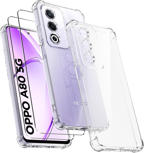 Husa Ikziwreo Oppo A79 5G cu 2 pachete de protectie pentru ecran din sticla securizata, carcasa moale si transparenta din silicon TPU [Bara de protectie intarita pentru colt] Protectie transparenta rezistenta la socuri