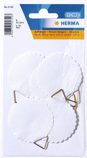 HERMA 5749 Umerase de tablou pentru montare cu adeziv, alb, mare, 6 bucati, O 55 mm, autoadeziv, agatat tablou pe franghie fara gaurire pentru perete, agatat puternic de sarma de hartie pentru poze si rame de pana la 1200 g