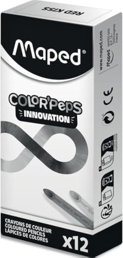 Maped - Creioane colorate - Colectia Color'Peps Infinity - 12 creioane rosii - Dureaza de 10 ori mai mult - Nu necesita ascutire - Maner triunghiular ergonomic - 0% deseuri 100% ECO