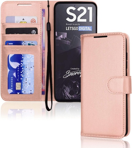 Husa portofel din piele TECHGEAR Galaxy S21, husa de protectie cu suport pentru card, suport si curea de mana - piele PU auriu roz cu inchidere magnetica Proiectata pentru Samsung S21 / 5G