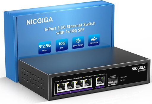 Switch Ethernet 2.5G NICGIGA cu 5 porturi cu 10G SFP Uplink, comutator de rețea negestionat de 2.5Gb, Plug & Play, desktop/montare pe perete, design metalic fără ventilator.