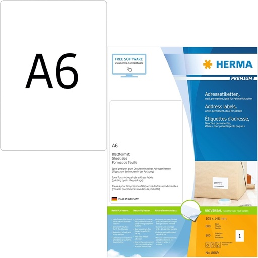 HERMA 8689 Etichete universale, 800 coli, 105 x 148 mm, 1 pe coala A6, 800 buc, etichete autoadezive, imprimabile, mate, hartie goala, alb