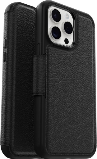 Husa OtterBox Strada pentru iPhone 15 Pro Max pentru MagSafe, rezistenta la socuri, rezistenta la cadere, folie din piele premium cu suporturi duble pentru carduri, testata de 3 ori conform standardului militar, neagra, fara ambalaj de vanzare cu amanuntul