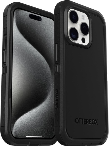 Husa Otterbox Defender XT pentru iPhone 15 Pro cu MagSafe, rezistenta la socuri, la cadere, rezistenta, rezista de 5 ori mai multe caderi decat standardul militar, neagra