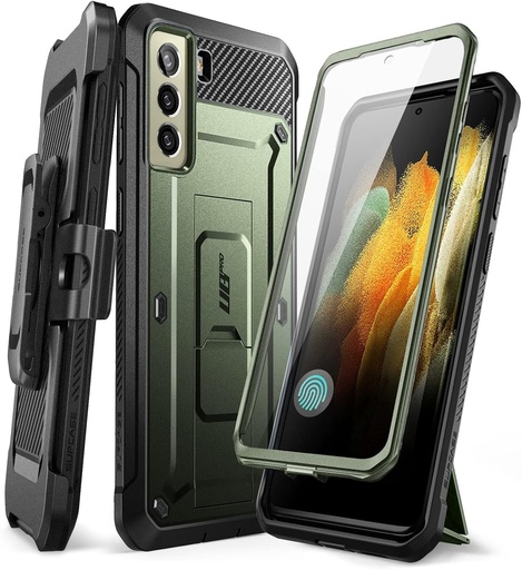 Husa SUPCASE pentru Samsung Galaxy S21 FE (2022), cu protectie de ecran incorporata, suport, clema pentru centura [Unicorn Beetle Pro] Protectie rezistenta la socuri pentru intregul corp (verde)