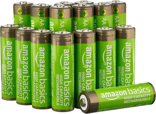 Baterii reincarcabile AA NiMH de mare capacitate Amazon Basics, 2400 mAh, preincarcate, pachet de 16