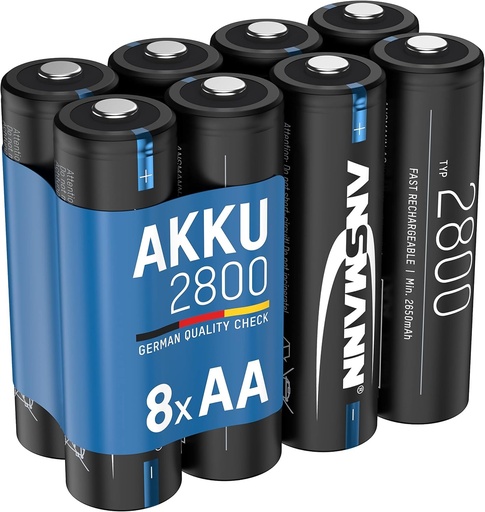 Baterii reincarcabile ANSMANN AA, min. 2650 mAh 1.2V, 8 bucati, reincarcabil, capacitate mare, ideal pentru lanterne, ceasuri cu alarma, controlere, blituri foto si radiouri