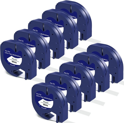 10 x Inlocuire pentru banda de etichete DYMO LetraTag Plastic alb Banda de etichetare 12 mm x 4 m pentru banda de etichete Dymo XR XM 50 2000 LT-100H LT-100T Plus LT-110T banda de etichete