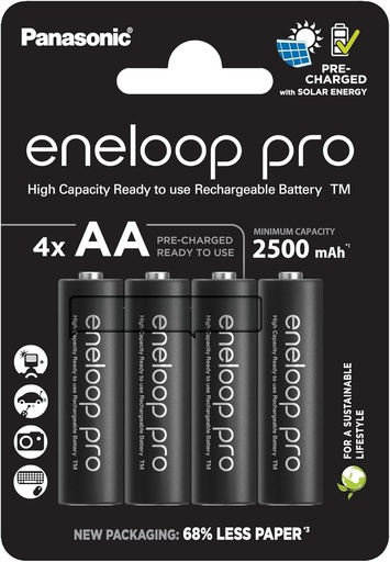 eneloop Pro, baterii reîncărcabile AA/Mignon, pachet de 4, min. Capacitate 2500 mAh, baterii Ni-MH, gata de utilizare, reîncărcabile de până la 500 de ori, ambalaj fără plastic, Pro, negru
