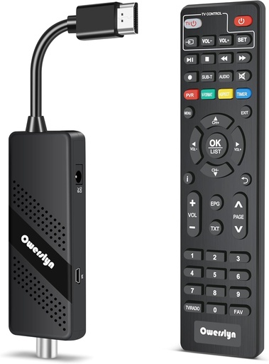 Decodor digital terestru 2025 - Decodor OWERSLYN DVB-T2, HD 1080P H265 HEVC principal 10 biți, suport TV Stick HDMI CEC ieșire HDMI/AV și USB Multimedia, funcție PVR, telecomandă cu infraroșu 2 în 1