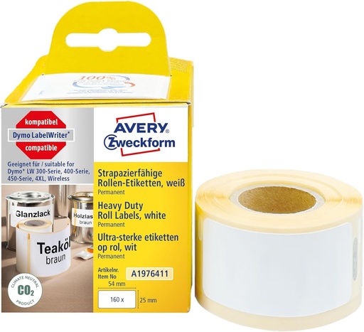 AVERY Zweckform A1976411 Dymo LabelWriter etichete rezistente la intemperii compatibile cu 1976411 (25x54mm, 1 rola|160 autocolante din plastic, autoadezive, pentru imprimanta de etichete LW Dymo, aparat de etichetare)