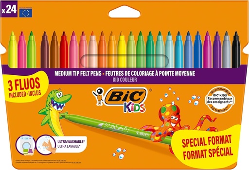 Pixuri de colorat BIC Kids Kid Couleur cu varf mediu - Culori asortate, Cutie de carton de dimensiuni speciale cu 24