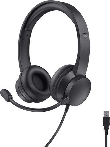 Trust Roha II Casti cu fir USB cu microfon, usoare, casti cu fir de 1,80 m, benta reglabila, casti cu fir pentru PC, laptop, Mac, birou, Skype Teams Zoom - negru