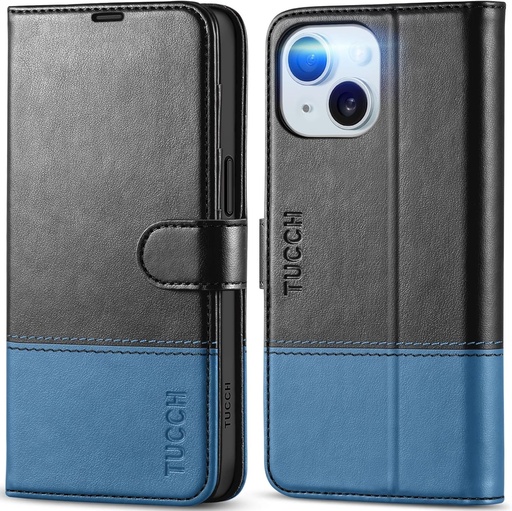 Husa TUCCH pentru iPhone 15 Husa cu clapeta [Blocator RFID] TPU [Sloturi pentru card] [Functie suport] [Magnet] Husa pentru telefon Husa de protectie antisoc compatibila cu iPhone 15 5G 2023 (6,1 inchi), negru-albastru