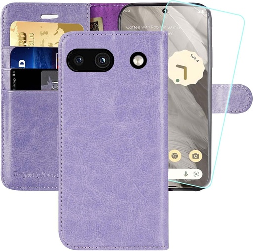 Husa MONASAY pentru Google Pixel 7a 5G, [Protector de ecran inclus] [Blocare RFID] Husa pentru telefon din piele Flip Folio cu slot pentru card de credit, lavanda