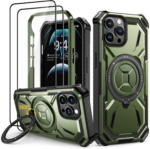 Husa Lanhiem pentru iPhone 12 Pro Max cu 2 sticla securizata, husa de protectie militara rezistenta la socuri, husa armura intarita cu suport de inel pentru husa iPhone 12 Pro Max, verde