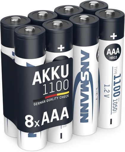 Baterii reincarcabile ANSMANN NiMH HR03 1100 mAh 1,2 V (pachet de 8) - Baterii reincarcabile micro AAA fara efect de memorie - Baterii mici, cu descarcare automata scazuta pentru dispozitive solicitante