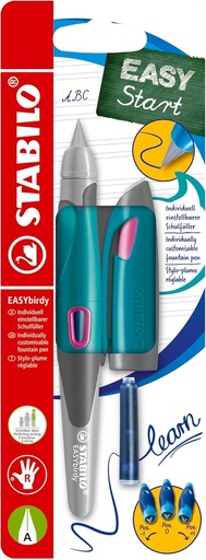 STABILO - Pix ergonomic scolar pentru dreptaci cu penita pentru incepatori A - EASYbirdy in turcoaz/roz neon - incl. cartus si instrument de reglare - albastru (sters)