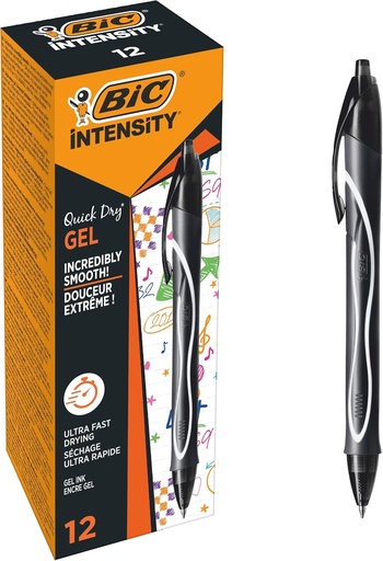 BIC Gel-ocity Quick Dry - Pixuri gel retractabile cu uscare ultra-rapidă - Punct mediu (0,7 mm) - Negru, Cutie de 12
