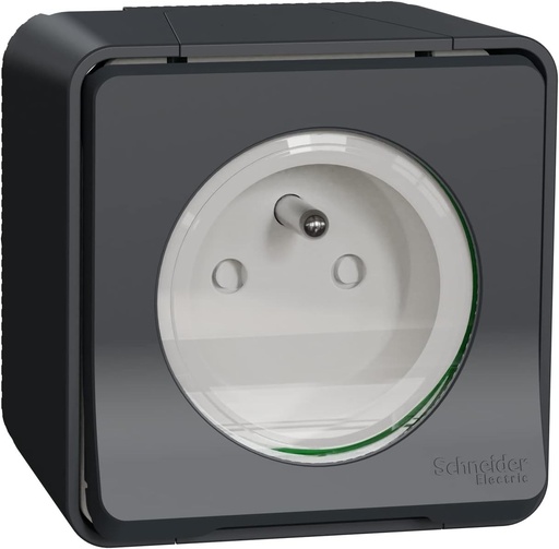 Priza Schneider Electric French 2P montata la suprafata, 1 cale, interior si exterior, gri, 2 poli / 16A