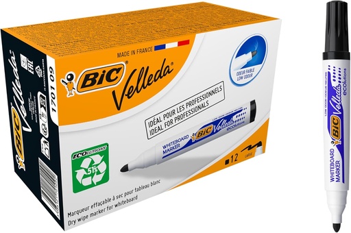 Marker pentru tablă albă BIC 1701 Velleda ECOlutions (vârf rotund, lățime linie 1,4 mm) Cutie cu 12, negru