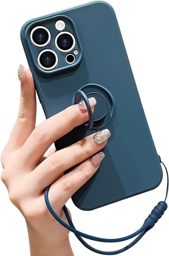Husa Pepmune din silicon lichid pentru iPhone 15 Pro Max cu suport pentru inel, curea detasabila pentru incheietura mainii, suport magnetic pentru masina, husa de protectie rezistenta la socuri-albastru