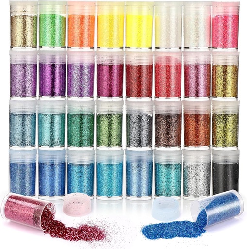 Royouzi Artizanat cu sclipici in 32 de culori, 32 x 8g (256g) Festival cu sclipici pentru unghii, machiaj, par, set cu sclipici pentru decorare pentru petreceri.
