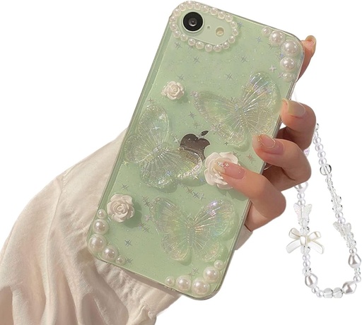 Ownest Compatibil cu iPhone X/iPhone XS Husa Fluture Floare Estetica Moda Sclipici Femei Fata Intermitent Cristal Flash Husa draguta pentru telefon pentru iPhone X/XS + Lant de perle