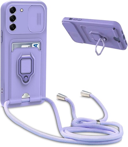 BGHHEU Husa cu snur pentru Samsung Galaxy S22 Plus 5G, husa reglabila pentru colier pentru telefon mobil Husa din franghie din silicon moale, protectie pentru camera, suport, suport card - violet