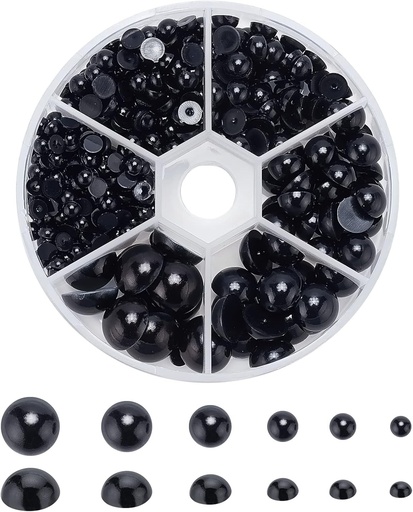 PandaHall margele de perle negre cu spate plat, 690 buc perle jumatate rotunde 6 dimensiuni Cabochon de perle pentru bricolaj Scrapbook carcasa telefonului mobil, decor nunta Accesorii pentru unghii pentru par, ochi de papusa, 4/5/6/8/10/12mm