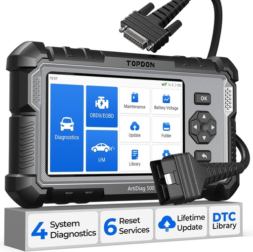 Instrument de diagnosticare TOPDON OBD2 AD500, 4 diagnostice de sistem pentru motor și transmisie ABS SRS, 6 funcții de service pentru ulei, BMS, SAS, DPF, TPMS și reglarea supapei de accelerație, upgrade gratuit pe viață