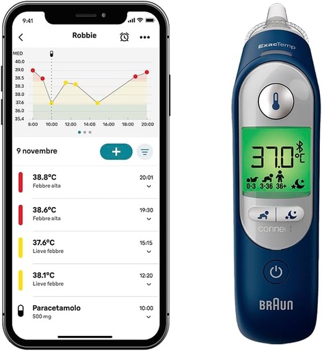 Termometru pentru ureche Braun ThermoScan® 7+ connect | Compatibil cu aplicația Braun Family Care™ | Tehnologia Age Precision® | Afișaj digital cu coduri de culori | Prietenos pentru bebeluși și copii mici