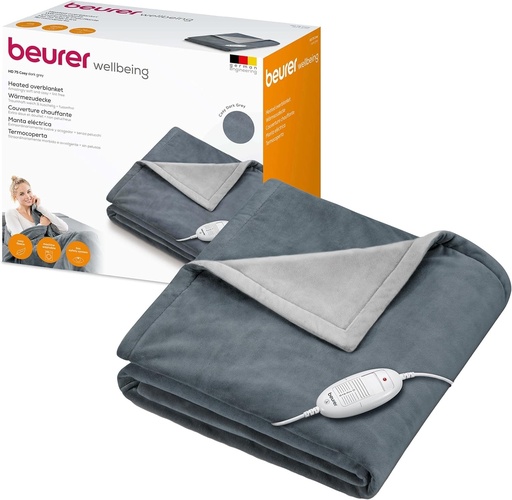 Patura electrica Beurer HD 75 Dark Grey, patura moale incalzita, 6 setari de temperatura, lavabila la masina, cu oprire automata si siguranta suplimentara, gri inchis, 180 x 130 cm