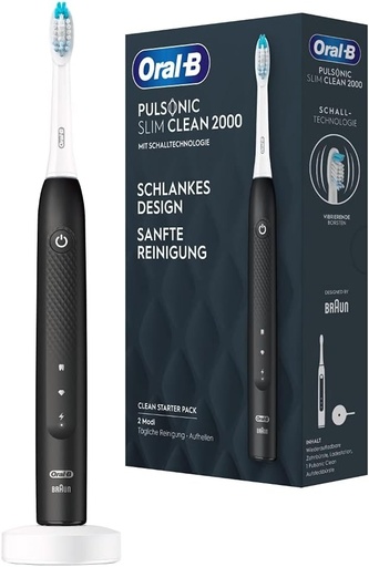 Oral-B Pulsonic Slim Clean 2000 Periuta de dinti electrica sonica, 2 moduri de periaj pentru ingrijirea dentara si gingii sanatoase cu cronometru, proiectata de Braun, negru, 1 bucata (pachet de 1)