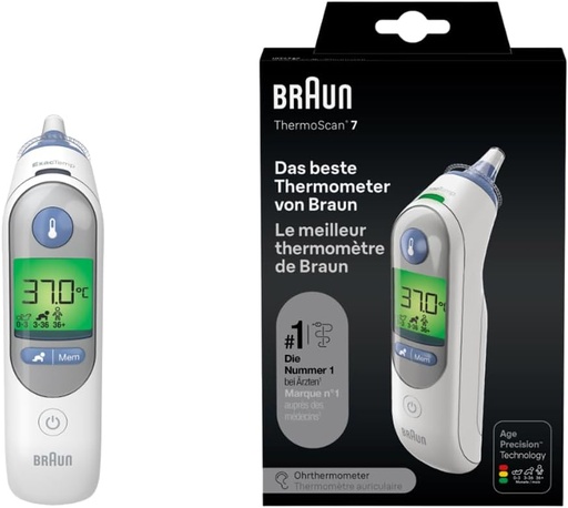 Termometru pentru ureche Braun ThermoScan 7 BRAIRT6520 | Tehnologia Age Precision | Afișaj digital cu coduri de culori | Prietenos pentru bebeluși și copii mici | Brandul #1 printre medici (1)
