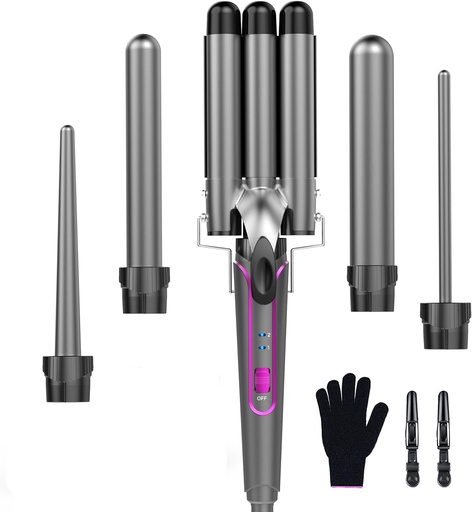 Set ondulator 5 in 1 ondulat - ondulator 3 butoaie pentru ondulat mari fara bucle ondulatoare ceramice cu diverse accesorii setare temperatura incalzire rapida cu manusa si 2 cleme